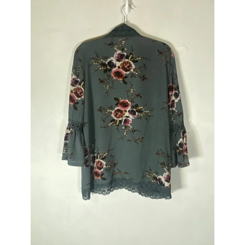 Dusty Blue‎ Floral Lace Trim Kimono Cardigan Bell Sleeve Boho Cottagecore L